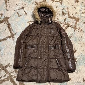 Vintage Rocawear Womens Faux Fur Hood Puffer Jacket Size XL Mocha Brown Y2K